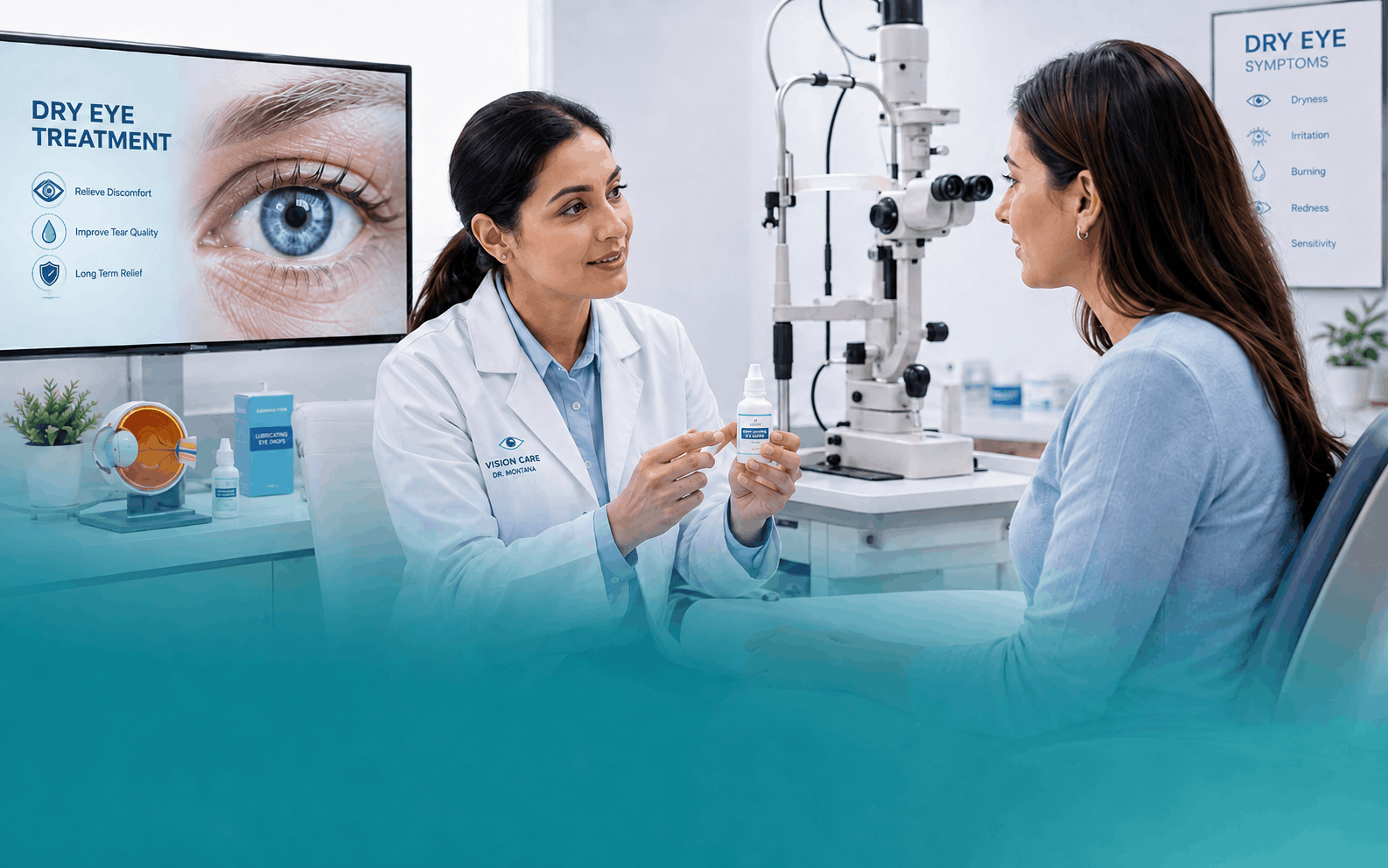 Ophthalmologist explaining dry eye treatment options to a patient